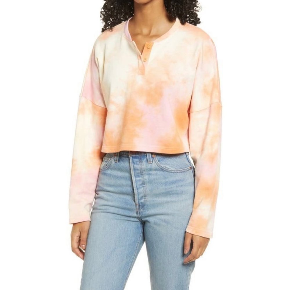 BP Tie-Dye Cropped Half Button Crewneck Henley Sweatshirt NEW WITH TAGS